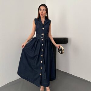 Düğme Detaylı Kemerli Maxi Boy Denim Elbise -Koyu Lacivert