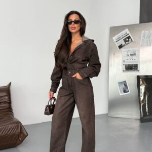 Kapşonlu Rahat Denim Tulum-KAHVE