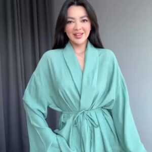 Parlak Pamuklu Kumaş kimono pantolon takım-turkuaz