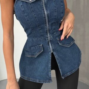 Fermuar Detaylı Tasarım Denim Büstiyer