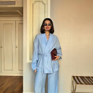 Parlak Pamuklu Kumaş kimono pantolon takım-mavi