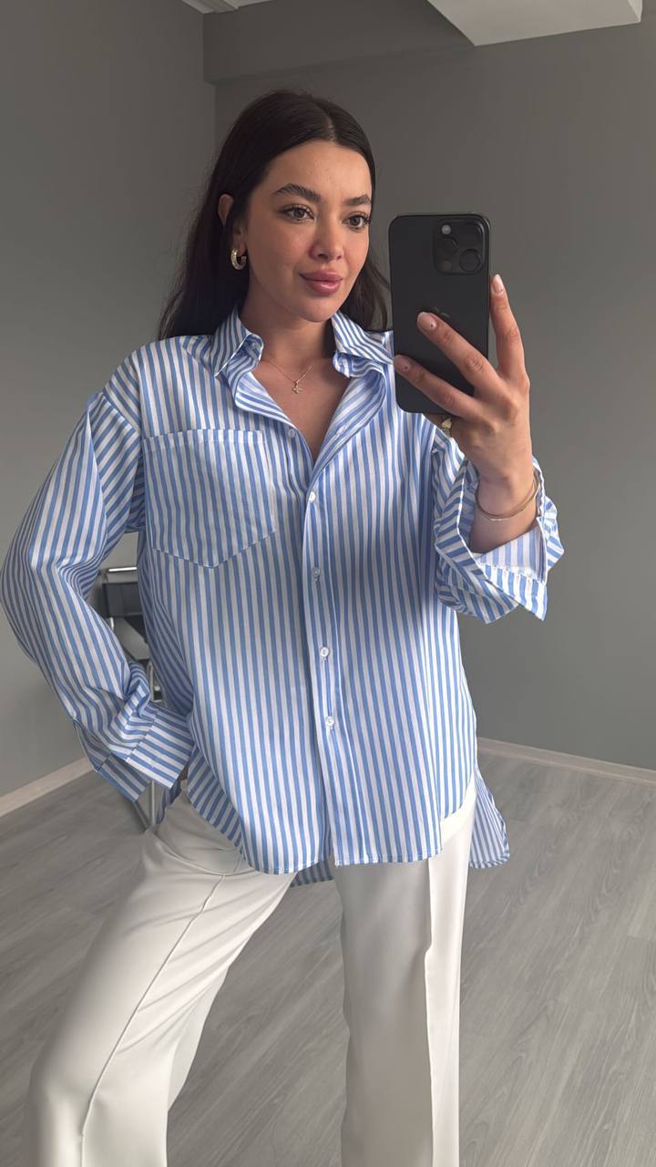 Marin Model Çizgili Keten Gömlek - Görsel 2