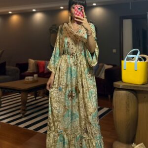 İthal Parlak Desenli Helen ipek Elbise-0003