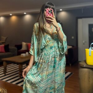 İthal Parlak Desenli Helen ipek Elbise-0005