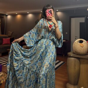 İthal Parlak Desenli Helen ipek Elbise-0007