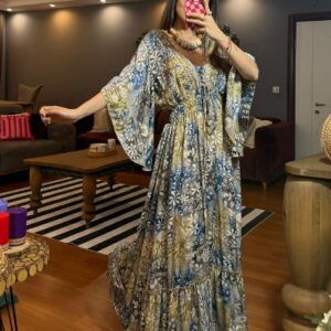 İthal Parlak Desenli Helen kol model ipek Elbise-00010