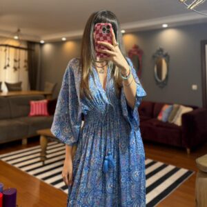 İthal Parlak Desenli Helen kol model ipek Elbise-00012