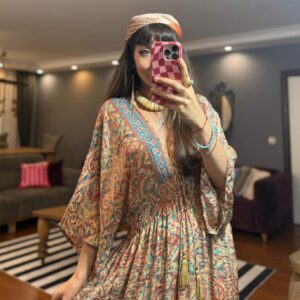 İthal Parlak Desenli Helen kol model ipek Elbise-00015