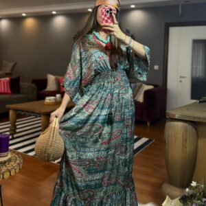 İthal Parlak Desenli Helen kol model ipek Elbise-00014