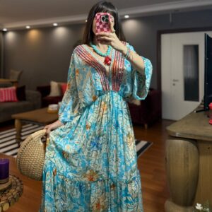 İthal Parlak Desenli Helen kol model ipek Elbise-00013