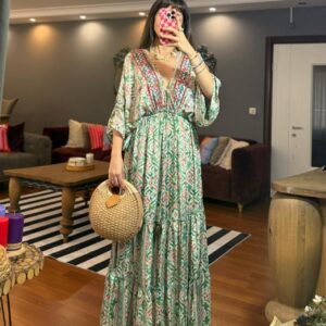 İthal Parlak Desenli Helen kol model ipek Elbise-00018