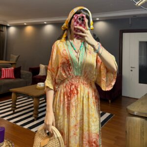 İthal Parlak Desenli Helen kol model ipek Elbise-00016