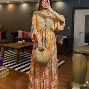 İthal Parlak Desenli Helen kol model ipek Elbise-00017