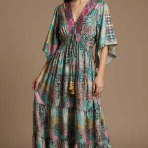 İthal Parlak Desenli Helen kol model ipek Elbise-9910