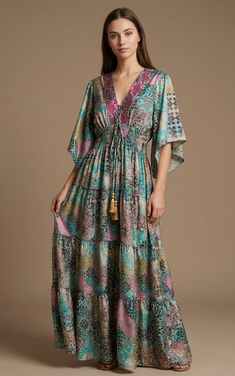 İthal Parlak Desenli Helen kol model ipek Elbise-9910