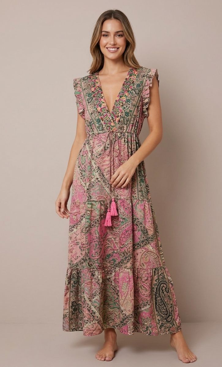İthal Parlak Desenli Helen kol model ipek Elbise-9912