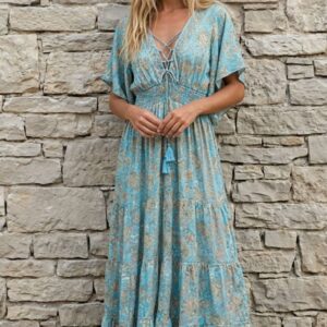 İthal Parlak Desenli Helen kol model ipek Elbise-9918