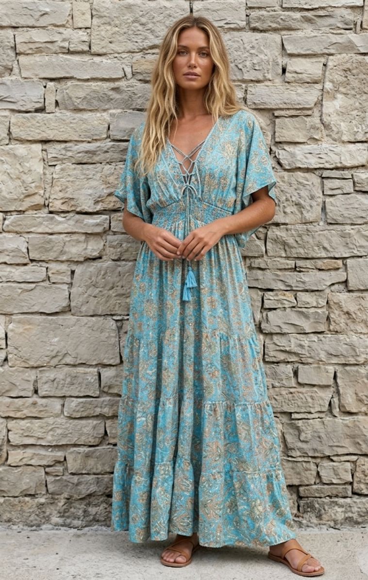 İthal Parlak Desenli Helen kol model ipek Elbise-9918
