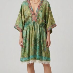 İthal Parlak Desenli Helen kol model ipek Elbise-9930