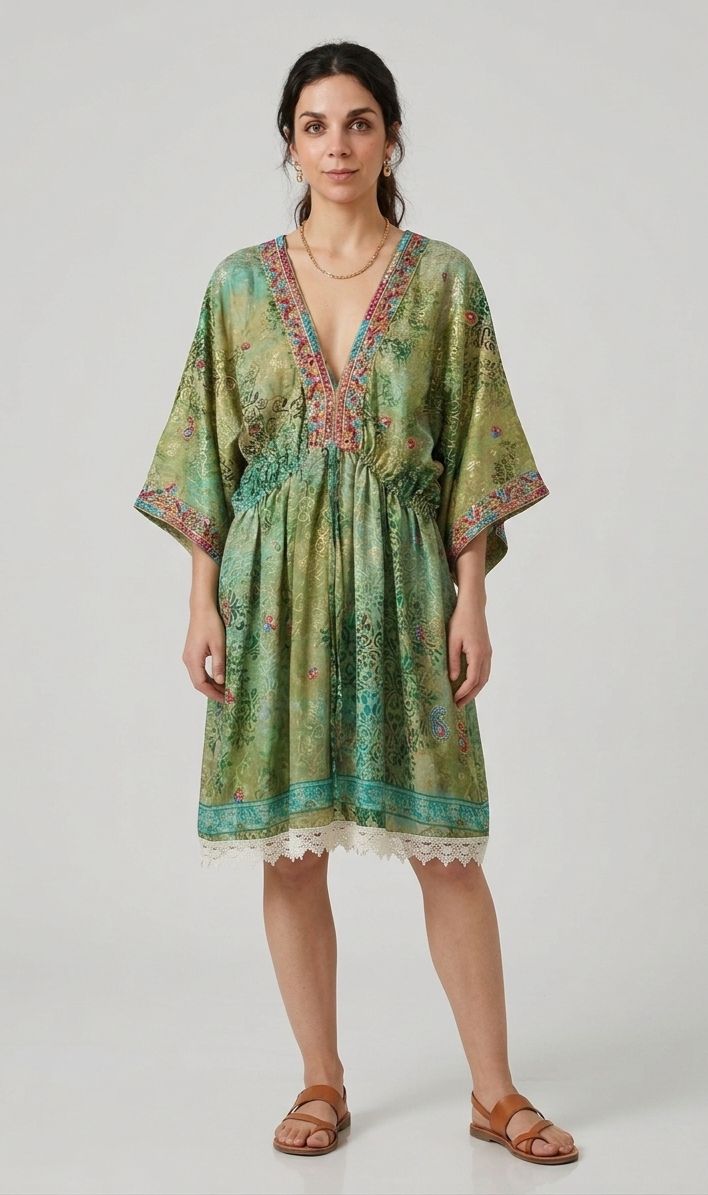 İthal Parlak Desenli Helen kol model ipek Elbise-9930