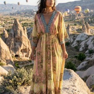 İthal Parlak Desenli Helen kol model ipek Elbise-9917