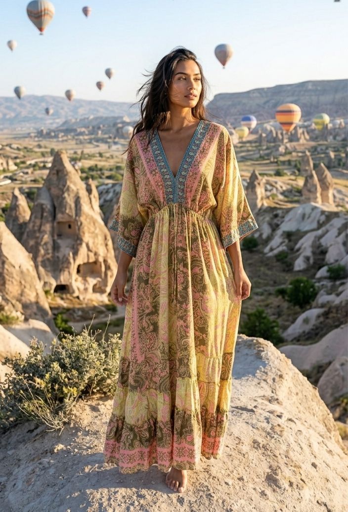 İthal Parlak Desenli Helen kol model ipek Elbise-9917