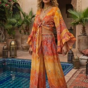 İthal Parlak Desenli Helen kol model ipek Takım -turuncu