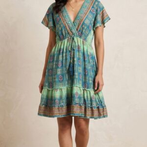 İthal Parlak Desenli Helen kol model ipek Elbise-9931