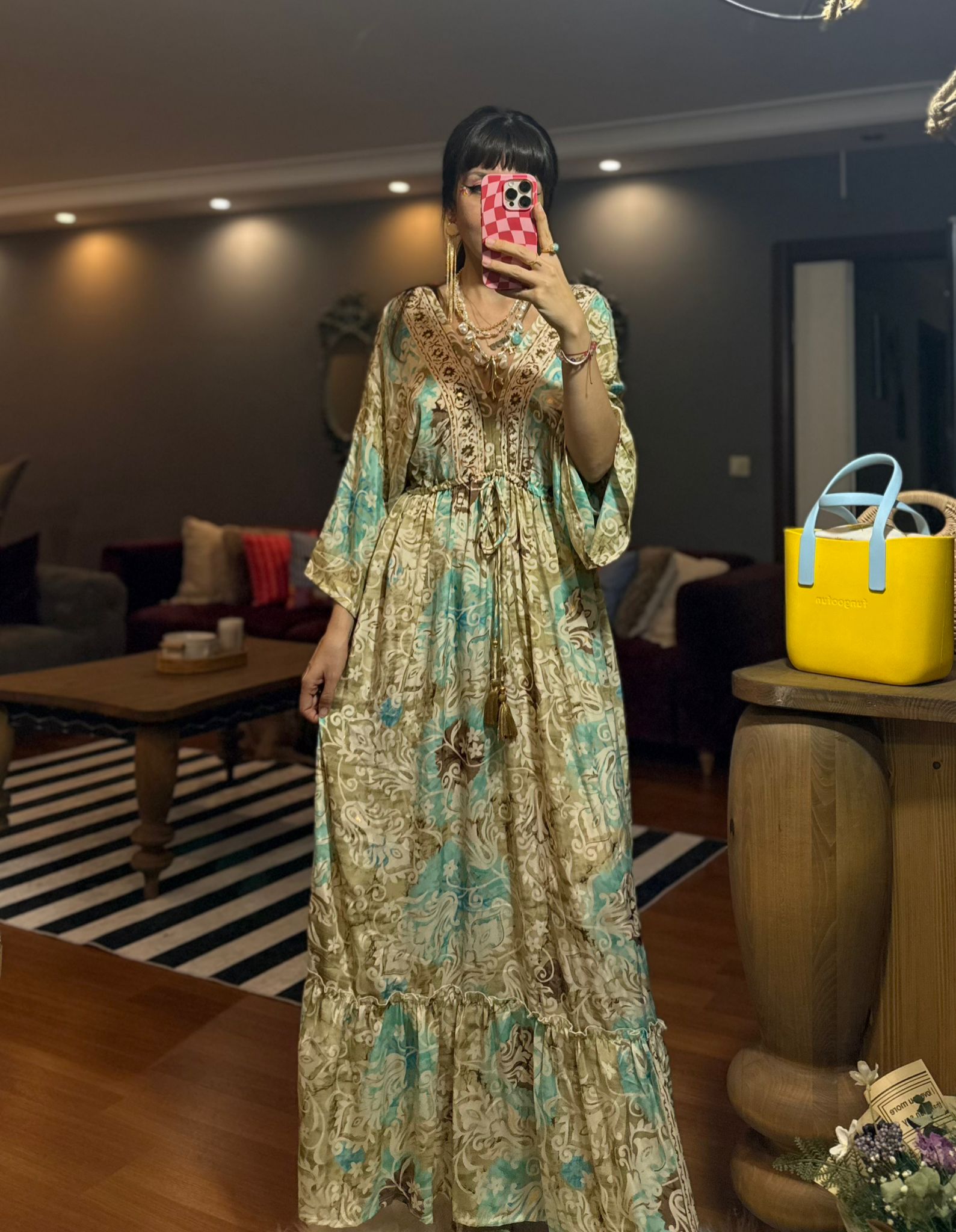 İthal Parlak Desenli Helen ipek Elbise-000897