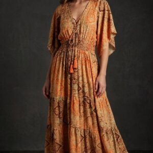 İthal Parlak Desenli Helen kol model ipek Elbise-99299