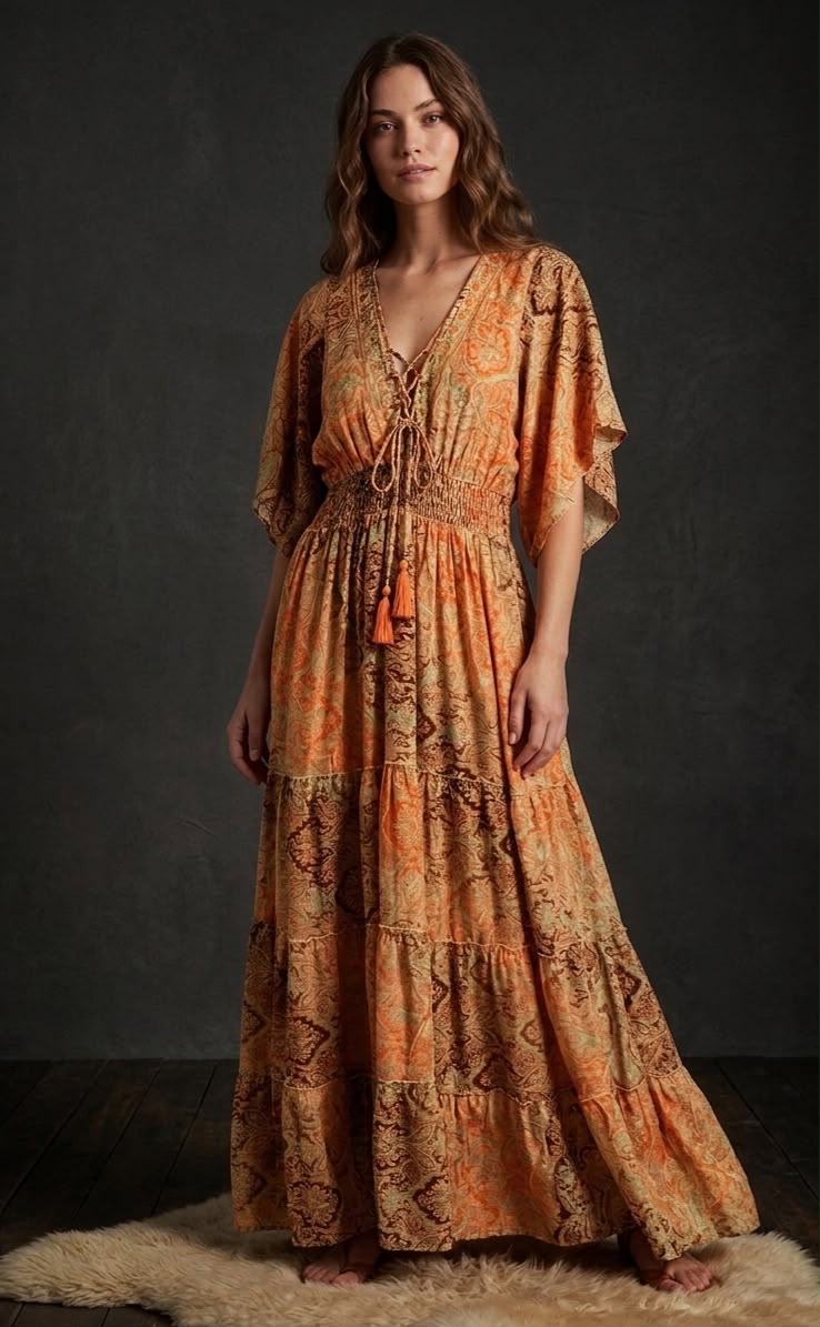 İthal Parlak Desenli Helen kol model ipek Elbise-99299