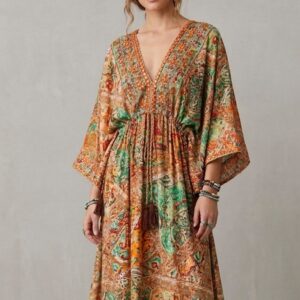 İthal Parlak Desenli Helen kol model ipek Elbise-9905