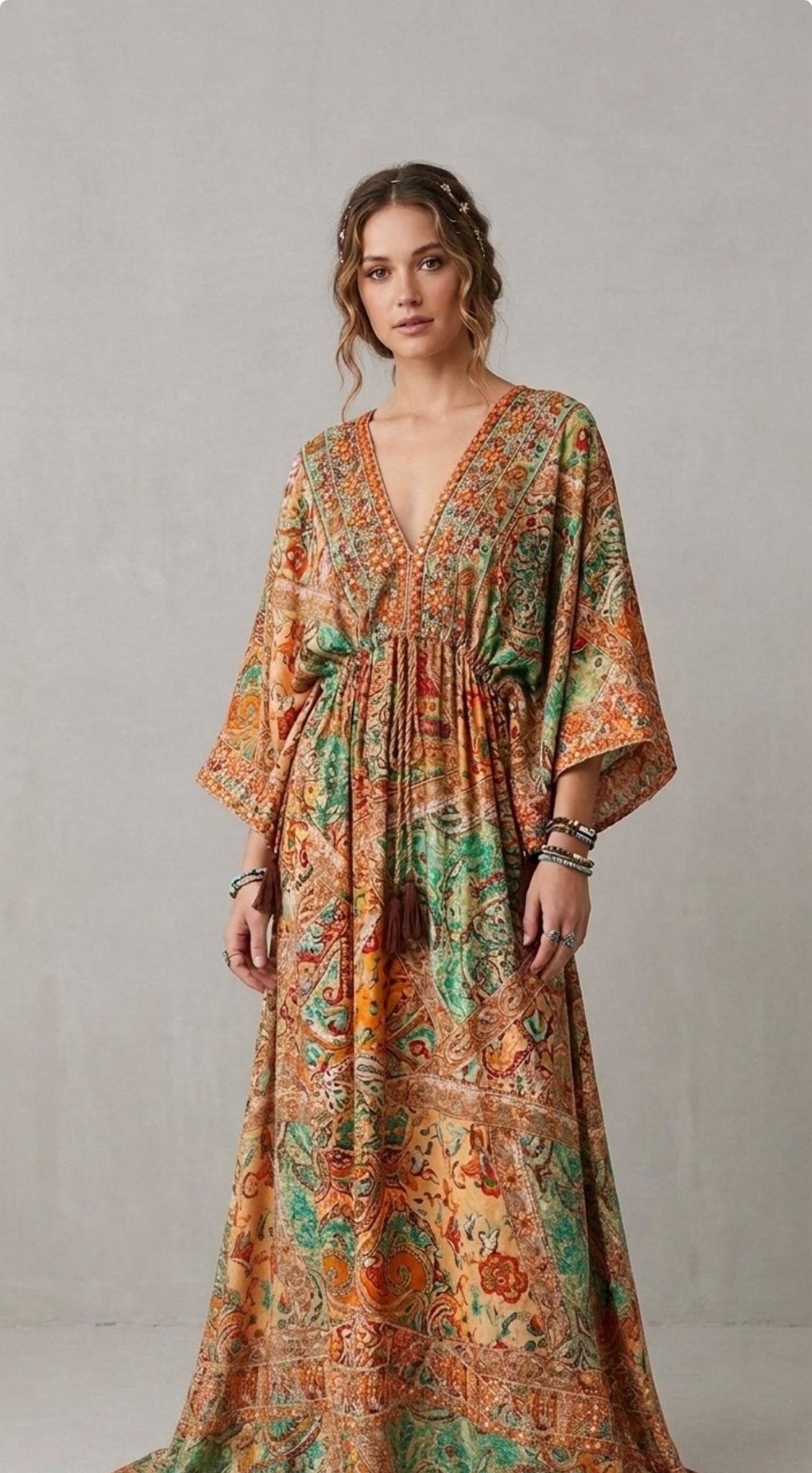 İthal Parlak Desenli Helen kol model ipek Elbise-9905