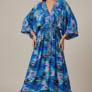 İthal Parlak Desenli Helen kol model ipek Elbise-9913