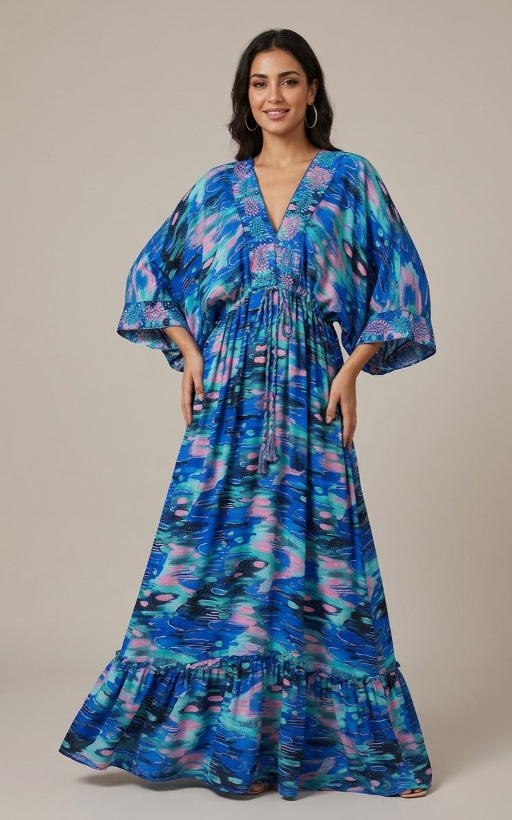 İthal Parlak Desenli Helen kol model ipek Elbise-9913
