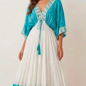 İthal Parlak Desenli Helen kol model ipek Elbise-9916 mavi