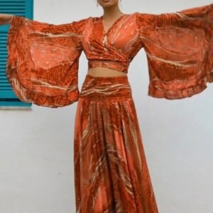 İthal Parlak Desenli Helen kol model ipek Takım -turuncu