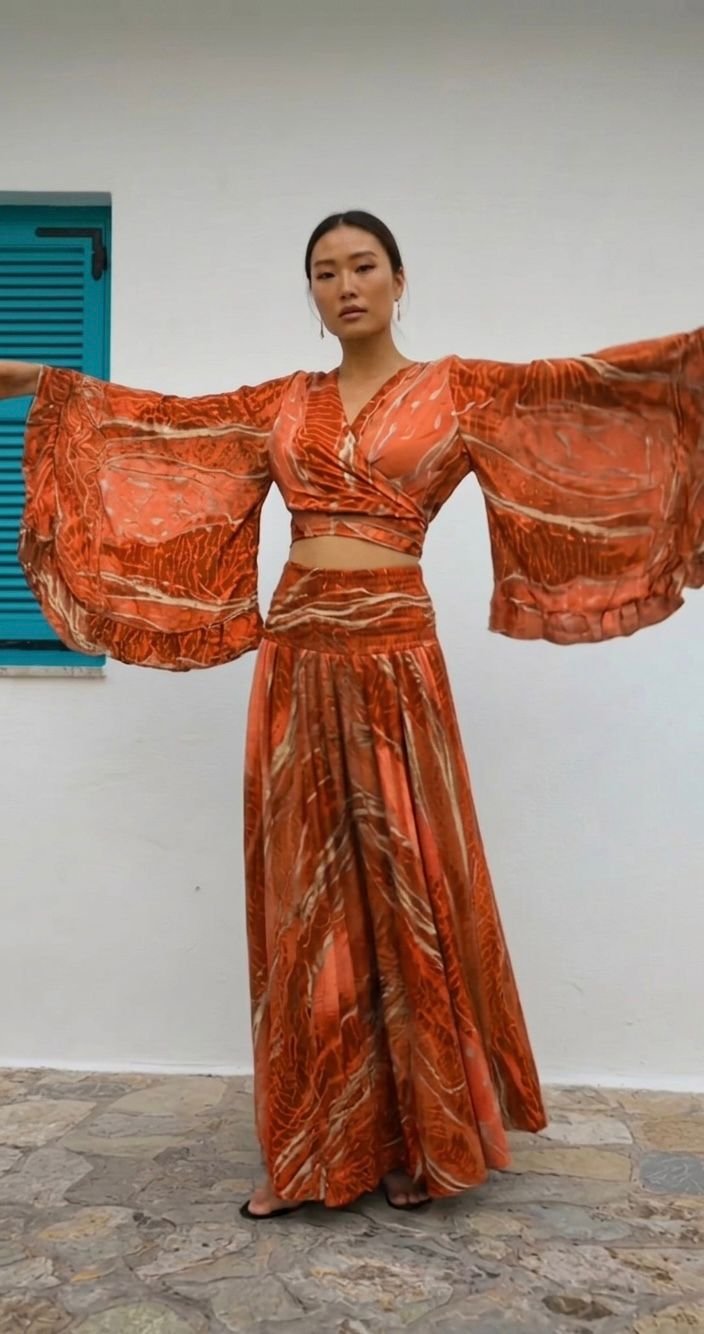 İthal Parlak Desenli Helen kol model ipek Takım -turuncu