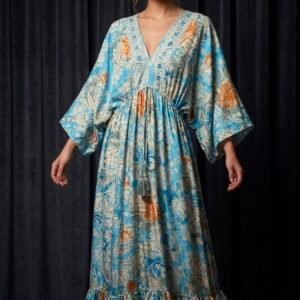 İthal Parlak Desenli Helen kol model ipek Elbise-1925