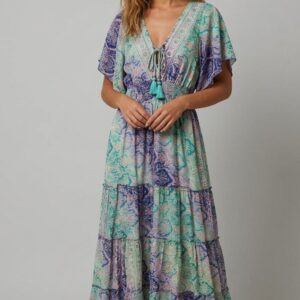 İthal Parlak Desenli Helen kol model ipek Elbise-9923