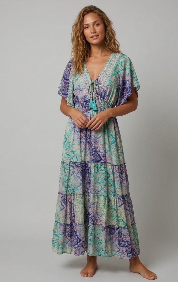 İthal Parlak Desenli Helen kol model ipek Elbise-9923