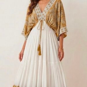 İthal Parlak Desenli Helen kol model ipek Elbise-9916 bej