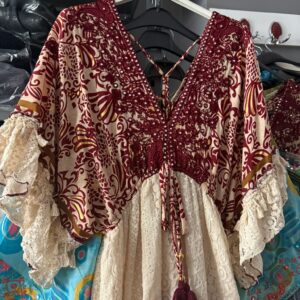 Nakış Detaylı İthal Parlak Desenli ipek Elbise-00017-bordo