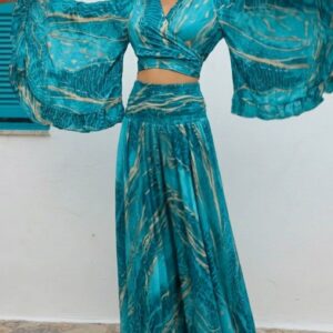 İthal Parlak Desenli Helen kol model ipek Takım -turkuaz