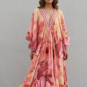 İthal Parlak Desenli Helen kol model ipek Elbise-9902