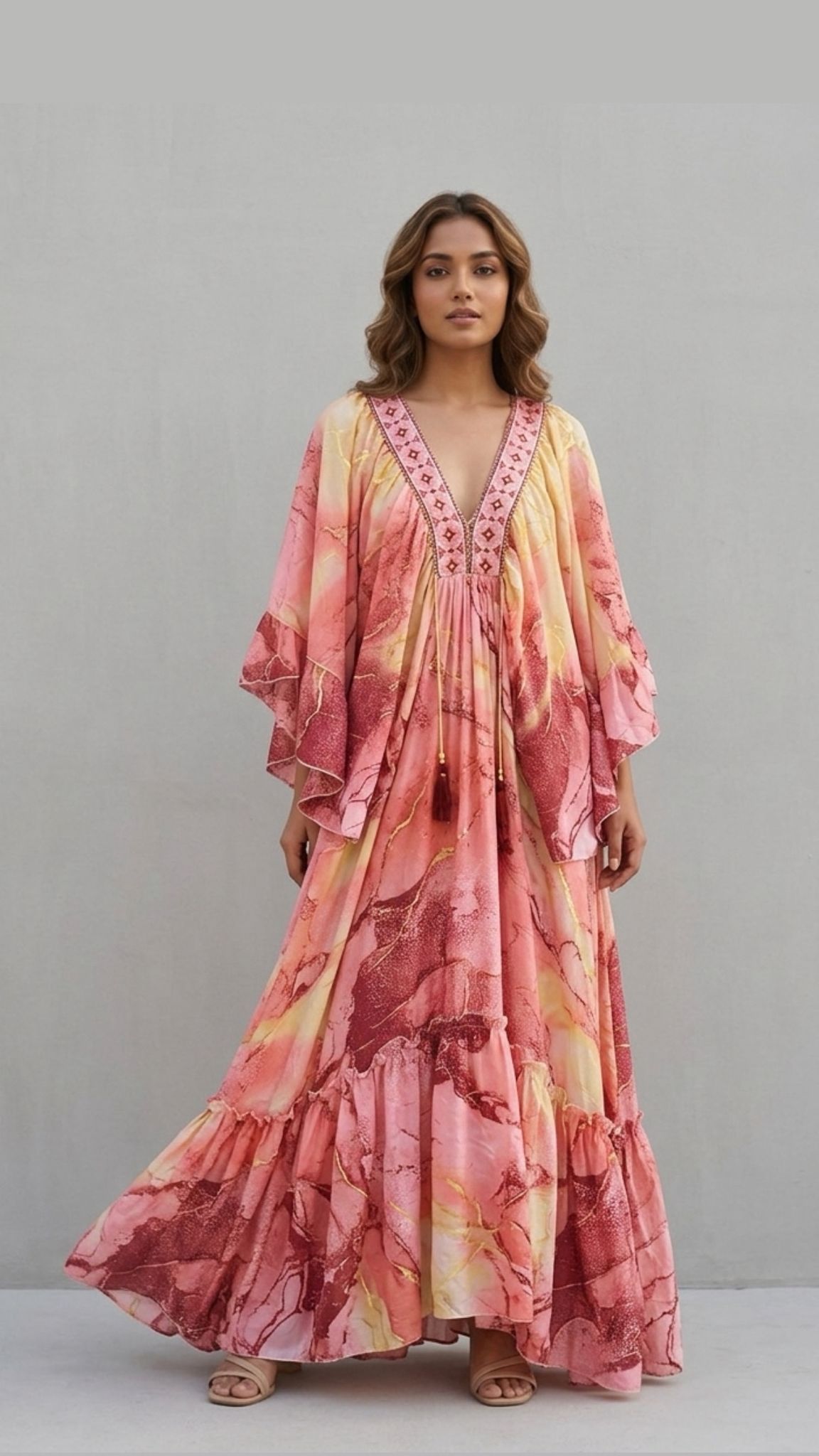 İthal Parlak Desenli Helen kol model ipek Elbise-9902