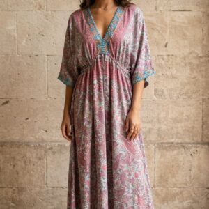 İthal Parlak Desenli Helen kol model ipek Elbise-9906