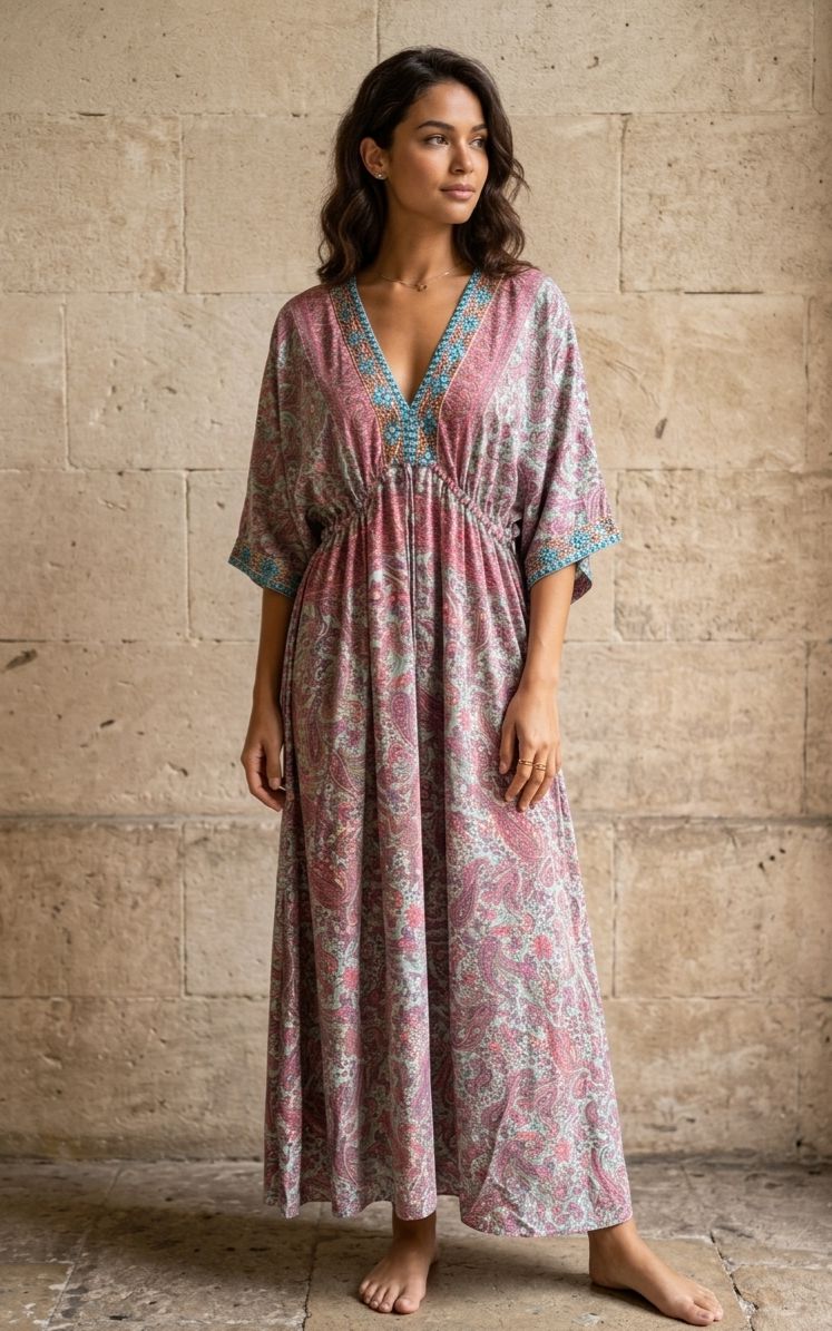 İthal Parlak Desenli Helen kol model ipek Elbise-9906