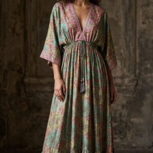 İthal Parlak Desenli Helen kol model ipek Elbise-9909