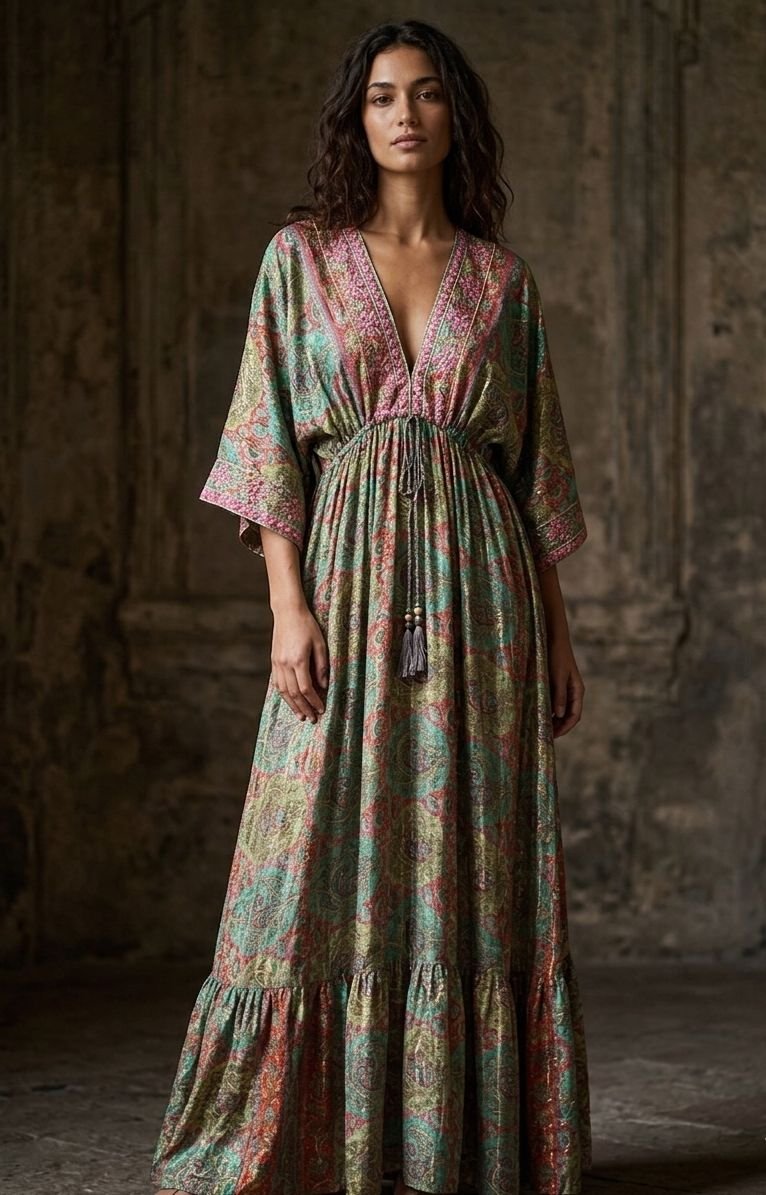 İthal Parlak Desenli Helen kol model ipek Elbise-9909